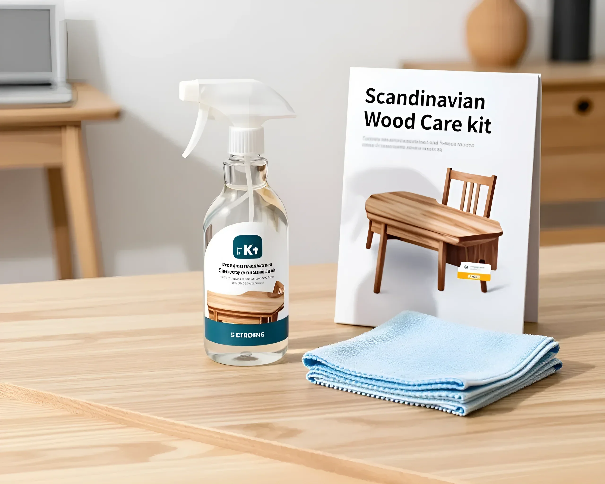 Scandinavian-style wooden furniture care kit: spray, microfiber cloth, and instructions.