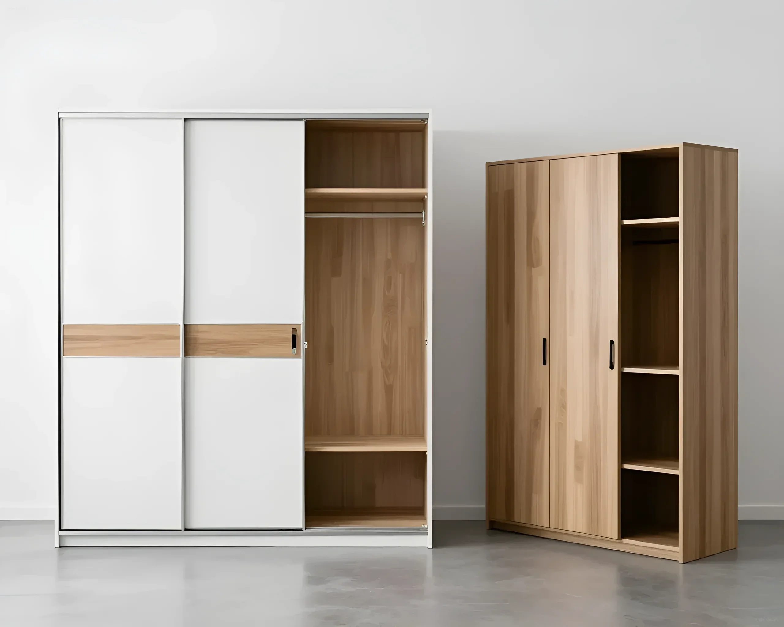 Two stylish sliding wardrobes: one white with wooden inserts and an open section, the other entirely wooden with hinged doors and open shelves.
