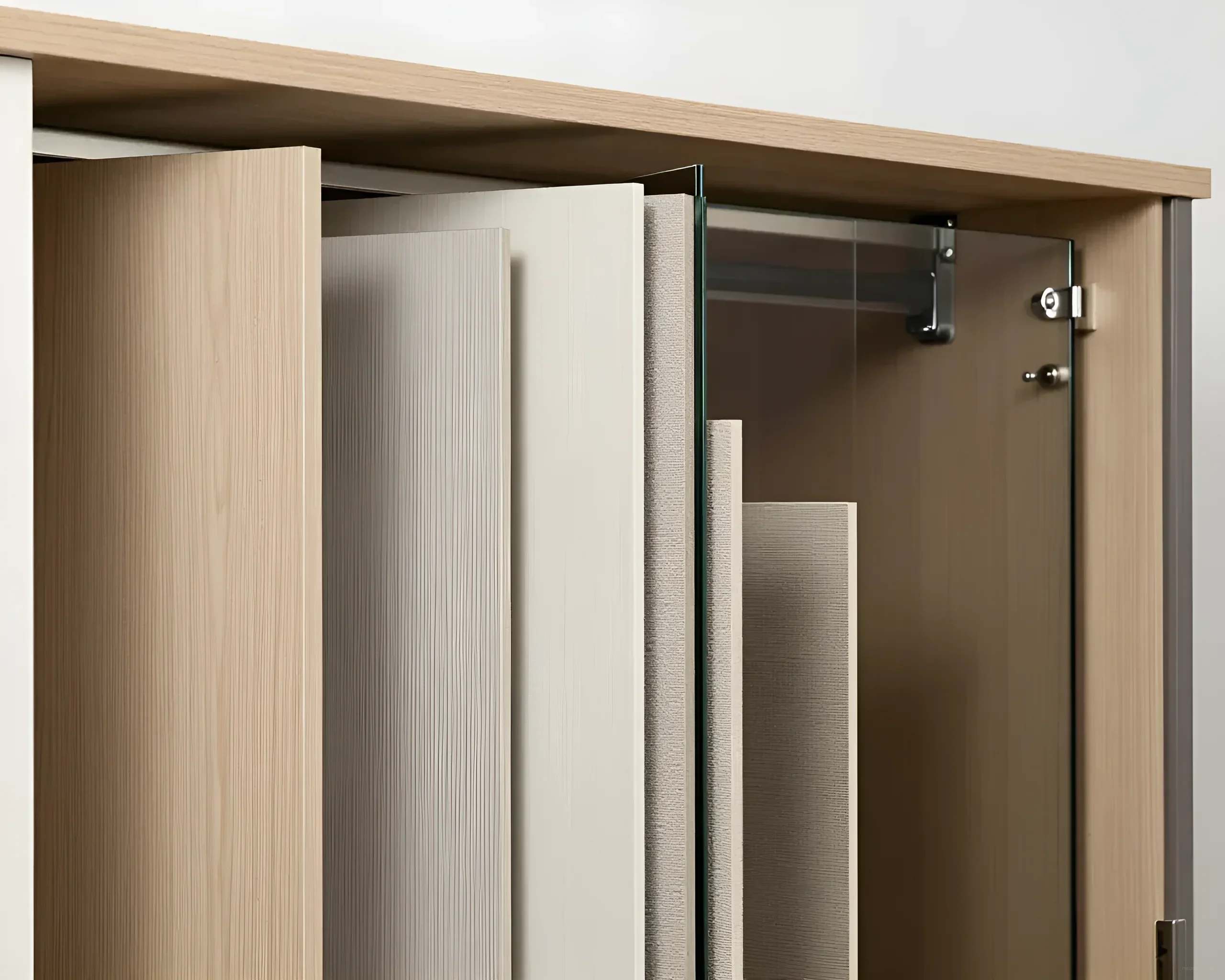 Various samples of materials for sliding wardrobe facades: textured wood, ribbed panels, smooth surfaces, and glass.