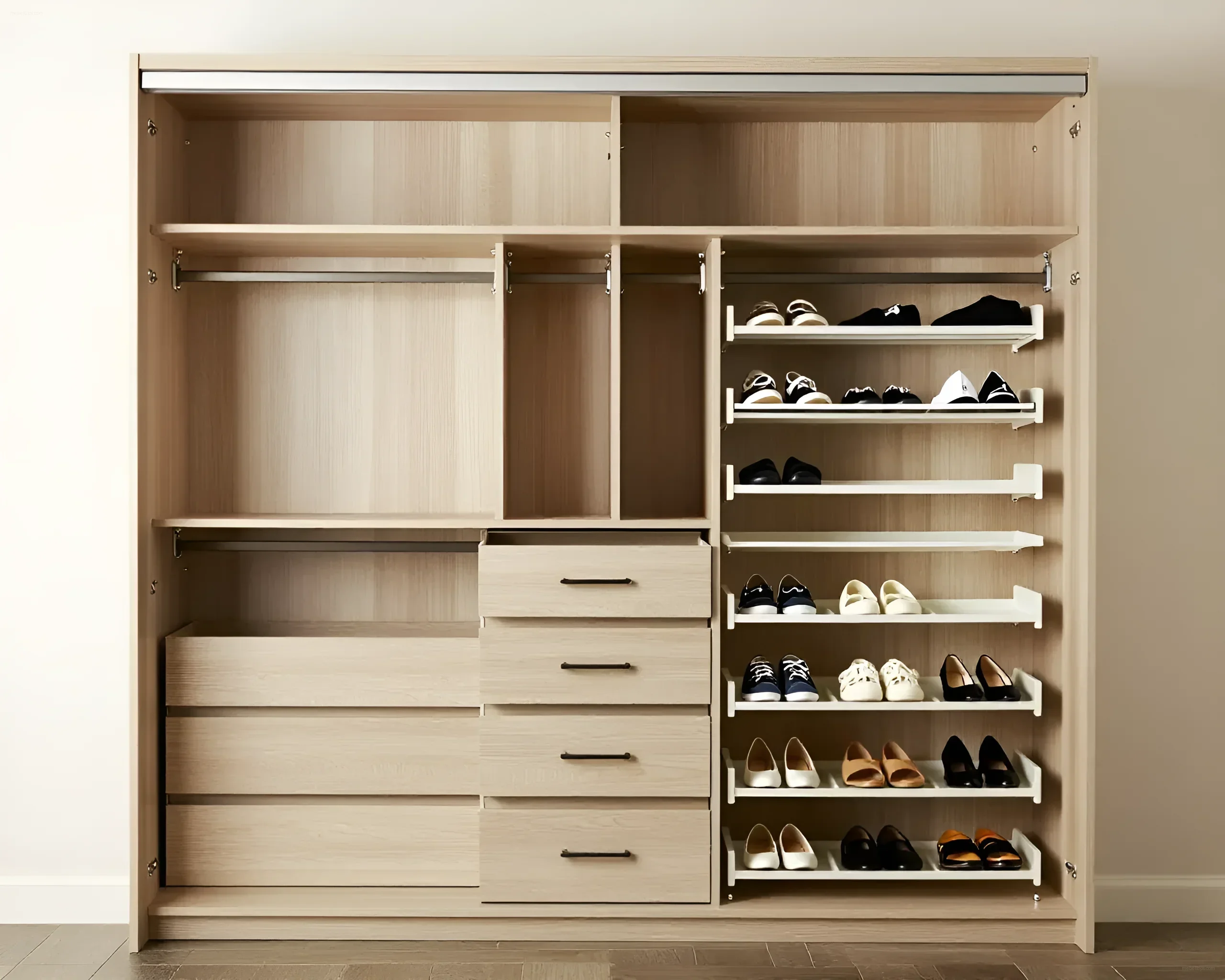Internal filling of a sliding wardrobe with drawers and shoe shelves, made in a light wood shade.