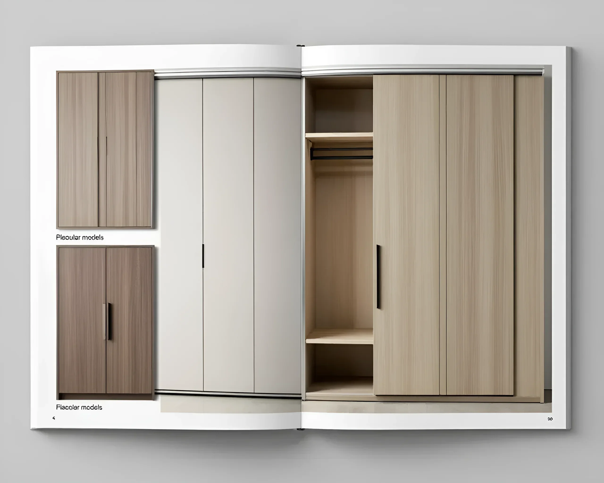 An open modern sliding wardrobe with wooden facades and a built-in clothing compartment, presented in a furniture catalog.