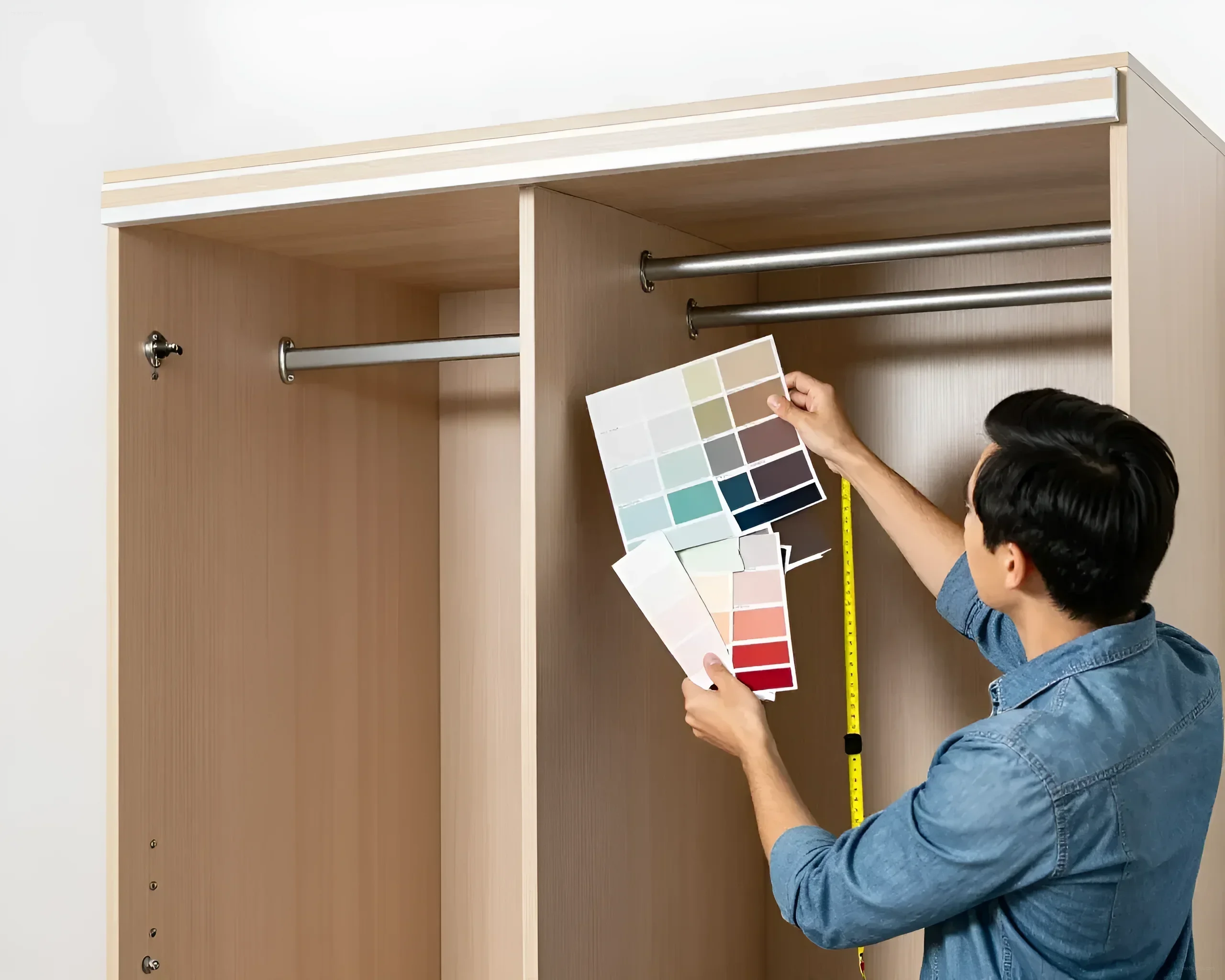 A man choosing a facade color for a new sliding wardrobe, holding a palette of shades and a measuring tape.