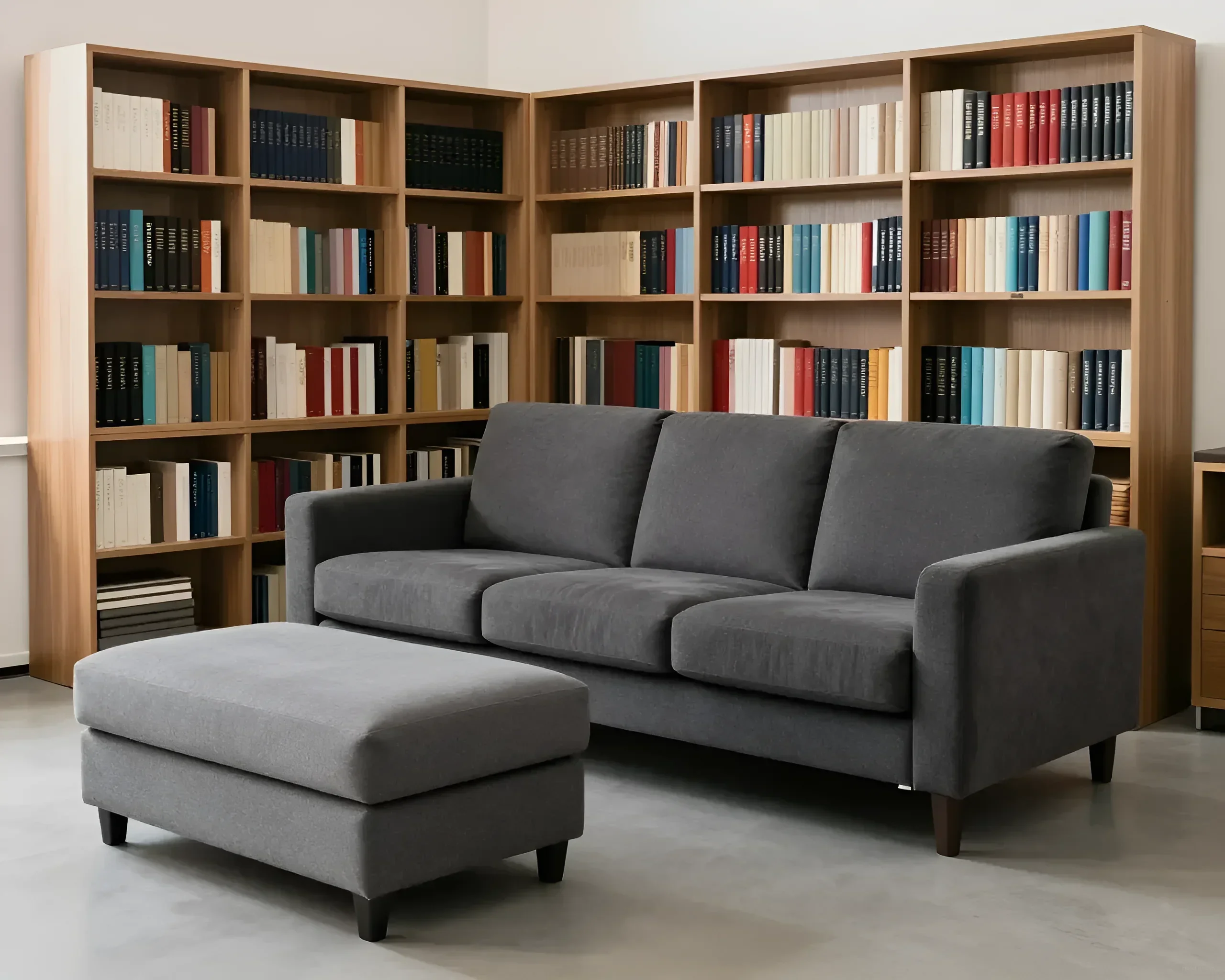 Modernes graues Sofa mit Hocker vor einem Eckregal, gefüllt mit Büchern
