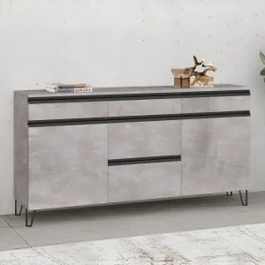 Современный большой комод Flex 1,5м из ДСП с фасадом под светлый бетон для обуви, с черными горизонтальными ручками и металлическими ножками.
