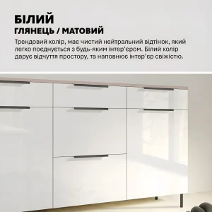 Белый глянцевый комод Flex 1.5 метра с ДСП фасадами, черными ручками и светлой столешницей, идеален для современного коридора, добавляет простора.