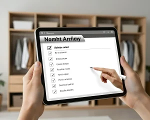Руки держат планшет с чек-листом "Nomht Arriy" на фоне деревянного шкафа с одеждой.