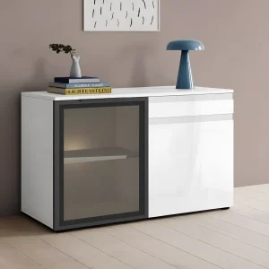 Белый комод Альфа Flex из МДФ 100 см с ручками, стеклянной дверцей и ящиками в современной гостиной. Идеальное решение для стильного хранения.