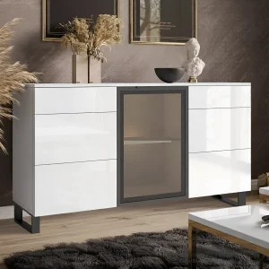 Современный белый комод без ручек Flex 1,5 м с глянцевыми ДСП фасадами для зала, с центральной секцией со стеклом, идеально вписывается в минималистичный интерьер.