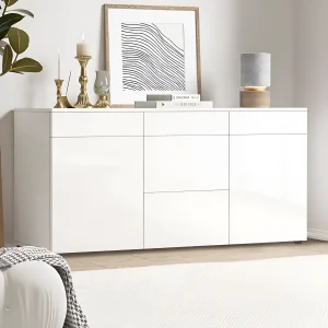 Белый комод Flex 1.5 м без ручек с глянцевыми ДСП фасадами для обуви и хранения, современный дизайн в светлом интерьере с декором.