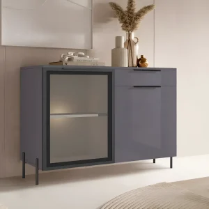 Современный комод буфет Flex 1200 мм графитового цвета с ДСП фасадом, стеклянной витриной и выдвижными ящиками для гостиной, минималистичный дизайн MebelTops.