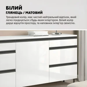 Белый глянцевый комод Flex 1.5м с ДСП фасадами, идеально подходящий для современной гардеробной или спальни, предлагающий элегантное и функциональное хранение.
