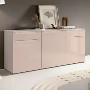 Комод Flex 1.5 м с глянцевым МДФ фасадом цвета капучино, белой столешницей, удобными дверцами и ящиками, для современного интерьера спальни.