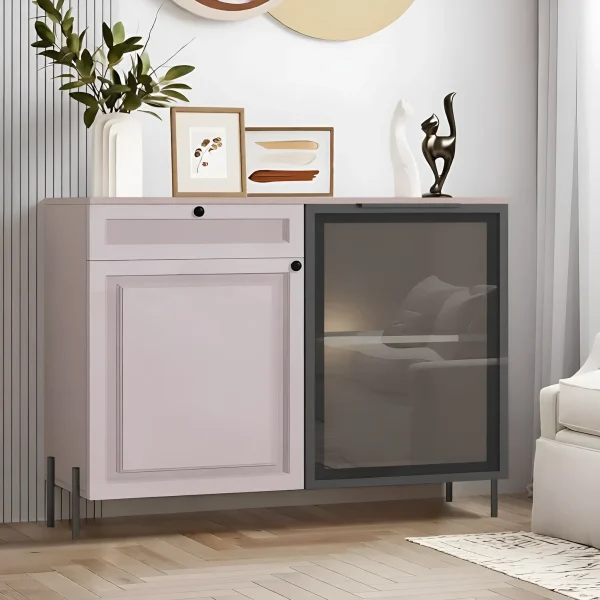 Flex 1200 mm MDF chest of drawers with display cabinet in beige Velvet for the living room.