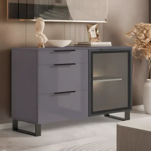 Современный графитовый комод с витриной Flex 1.2 м из МДФ с тремя выдвижными ящиками и стеклянной дверцей для посуды, для стильного интерьера.