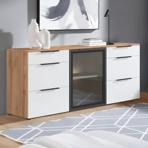 Современный белый комод с витриной Flex 1.5 м для гостиной, с ДСП фасадами, текстурой дерева и стильными черными ручками.