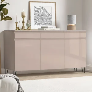 Элегантный комод Flex 150 см с тремя ящиками и тремя дверцами, МДФ фасад глянцевого цвета капучино. Современный буфет на металлических ножках, идеален для хранения обуви и декора в гостиной, прихожей или спальне.