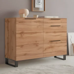 Комод Flex 1200 мм из ДСП Дуб Аппалачи с шестью ящиками и двумя секциями, на стильных черных опорах, для посуды.