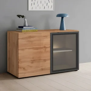 Стильный комод-сервант Flex 1.2 м из ДСП Дуб аппалачи для гостиной, с закрытым отделением и стеклянной витриной с подсветкой.
