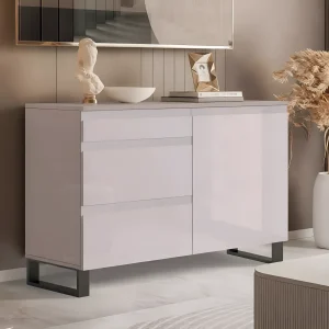 Современный бежевый глянцевый комод Flex 1200 мм из МДФ с черными ножками, три ящика и распашная дверь.