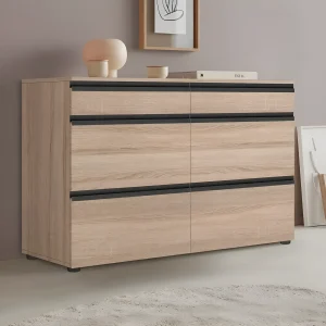 Современный комод Flex 1200 мм из ДСП в цвете Дуб сонома с шестью ящиками и черными ручками, идеально подходит для детской комнаты, обеспечивая функциональное хранение.