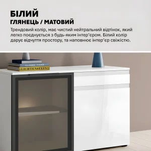 Крашеный белый МДФ комод Флекс 1200 мм со стеклянной дверцей, идеально подходит для хранения посуды и украшения интерьера.