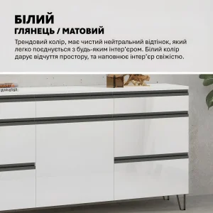 Современный белый глянцевый комод Flex 1.5 метра с фасадом из ДСП для детской комнаты. Стильный дизайн, вместительные ящики, темные акценты.