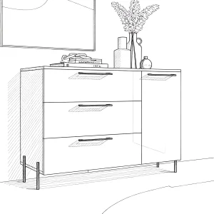 Эскиз комода-тумбы Flex 1200 мм ДСП с фасадом Тоффи, тремя выдвижными ящиками и распашной дверцей, на тонких ножках, с декором на столешнице.
