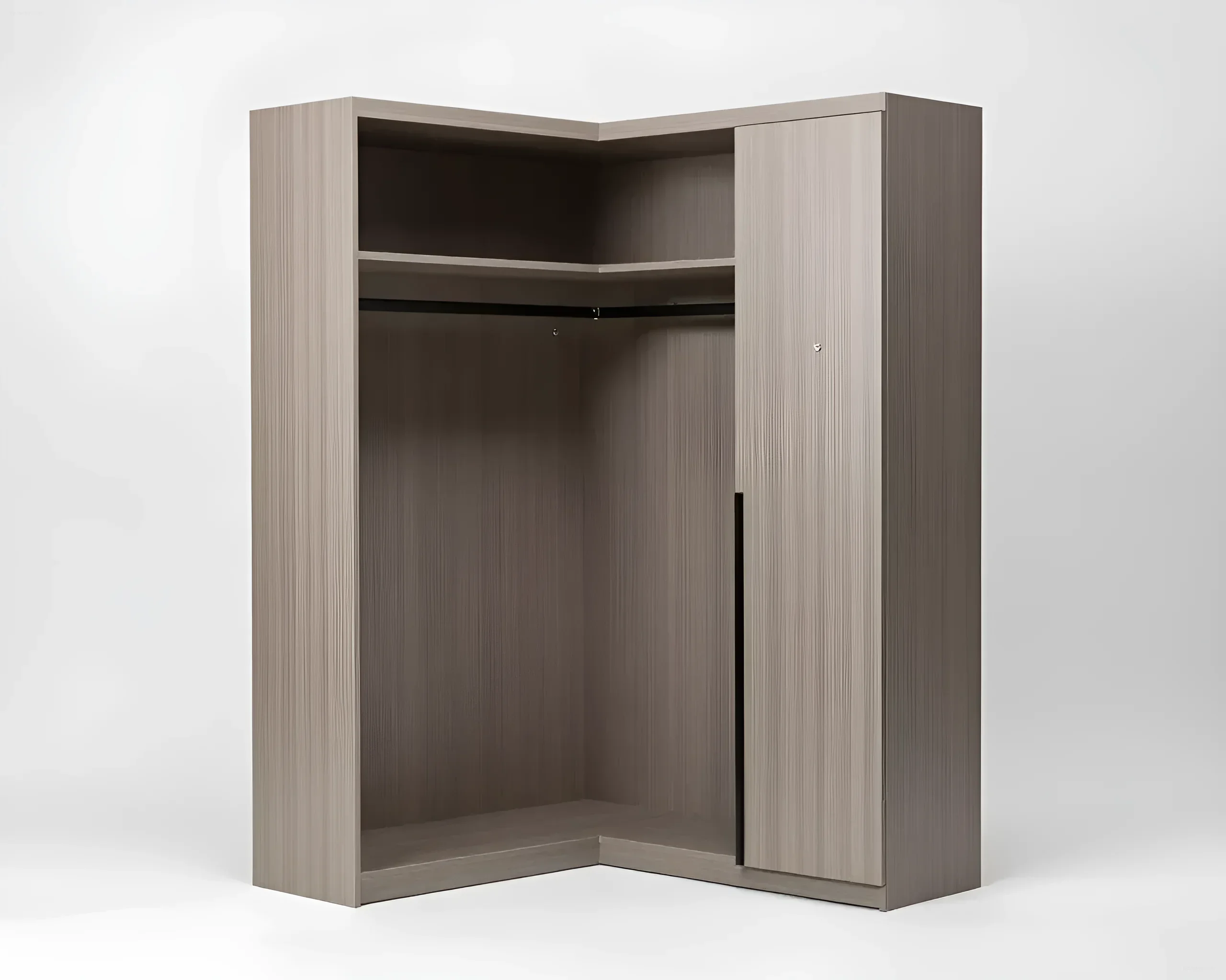 Eckschrank in neutralem Grauton mit Holzstruktur, der mit der Wand verschmilzt