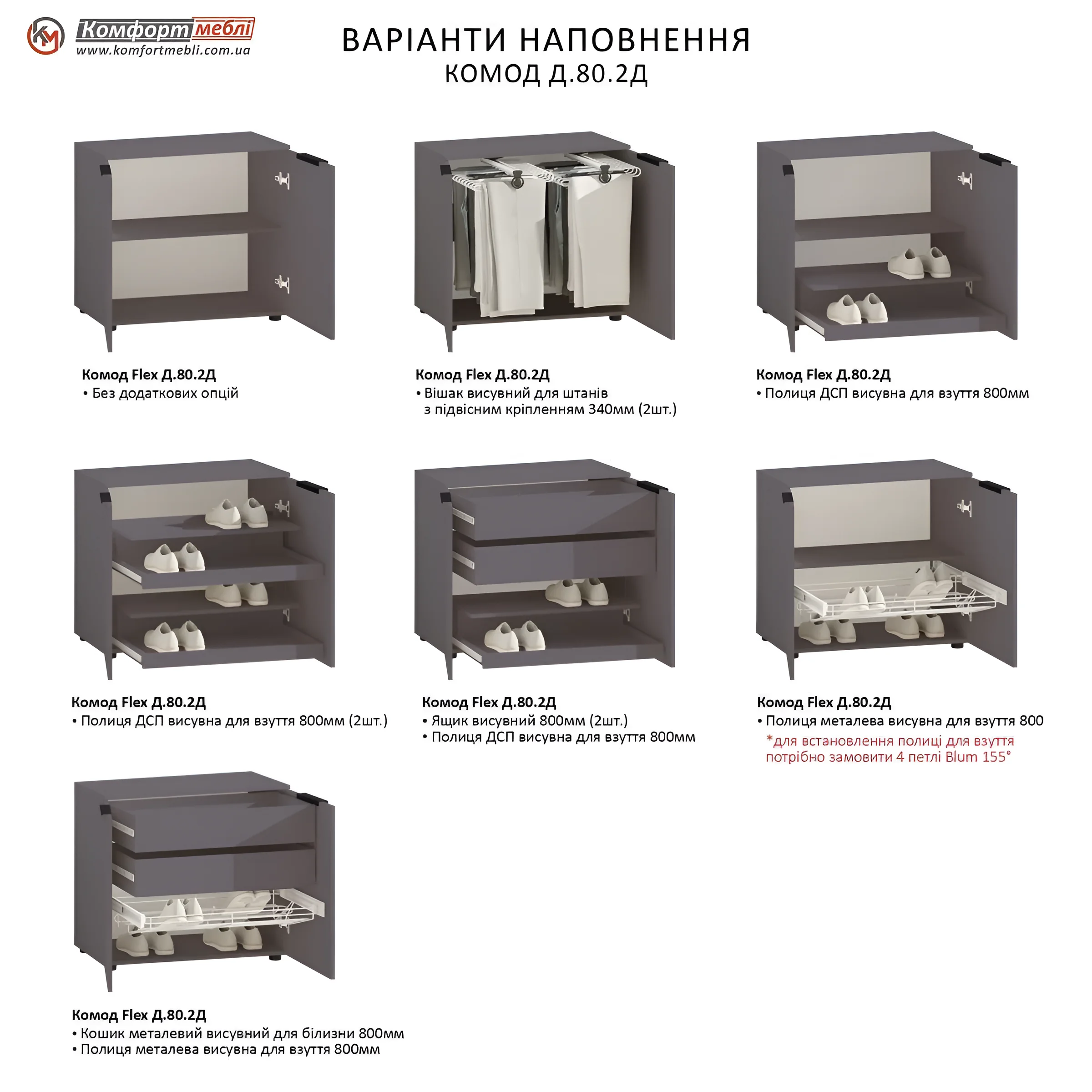 Варианты наполнения модульного комода Флекс 0.8м с ДСП фасадами Белый для обуви, демонстрирующие различные внутренние конфигурации.