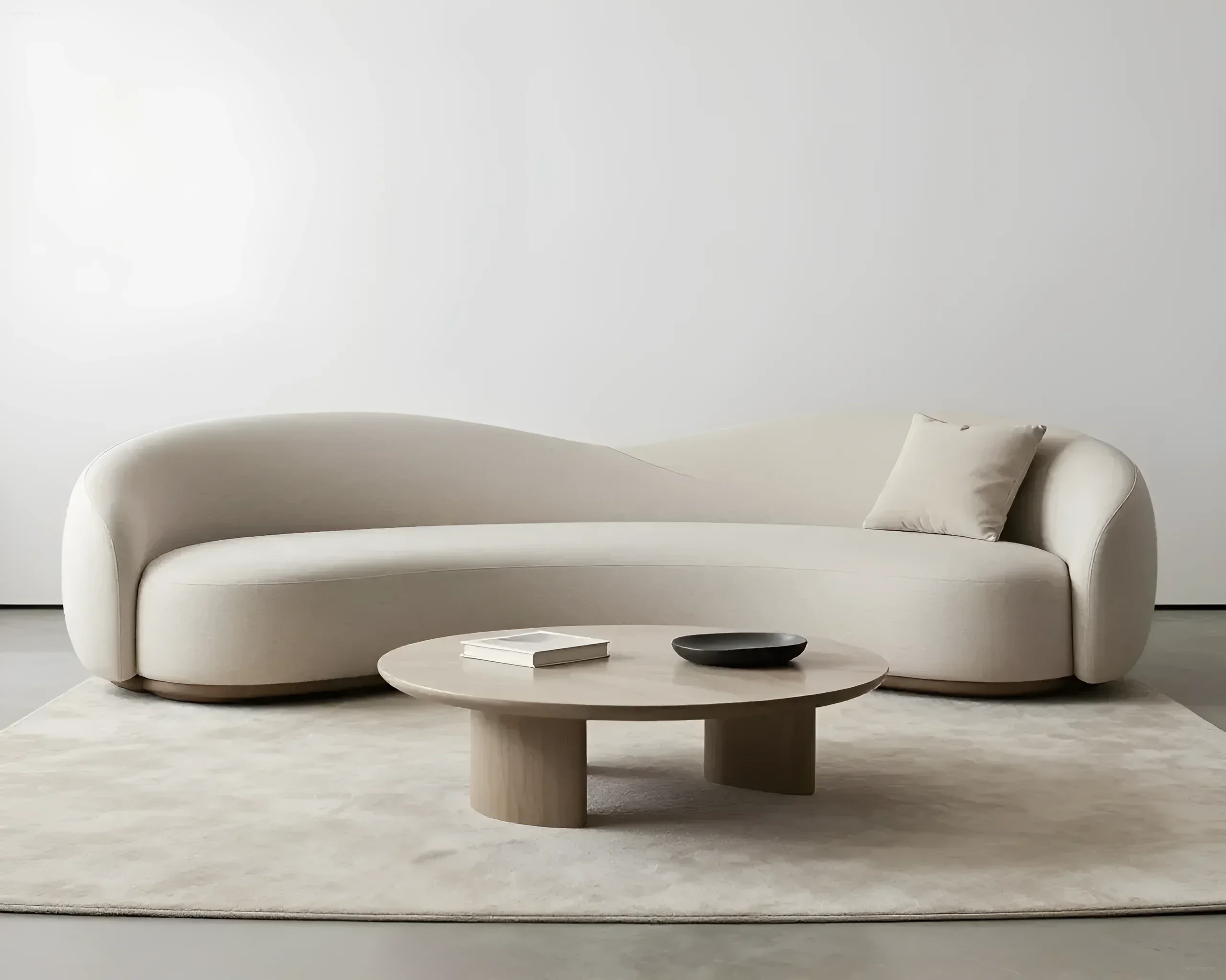 Beigefarbenes, geschwungenes Sofa und runder Couchtisch in einem minimalistischen Interieur