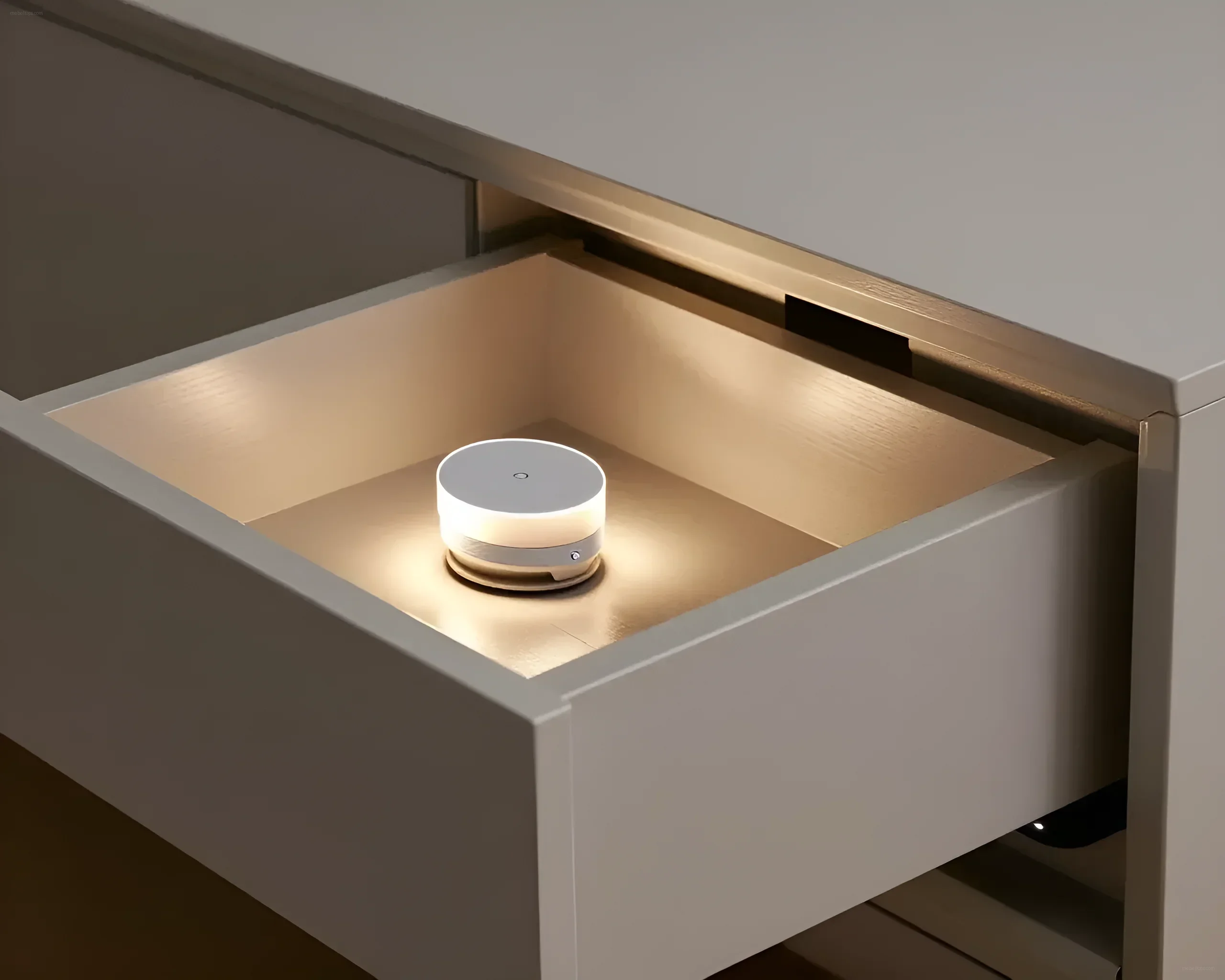 A modern compact light with a motion sensor installed in a drawer, illuminating its contents.