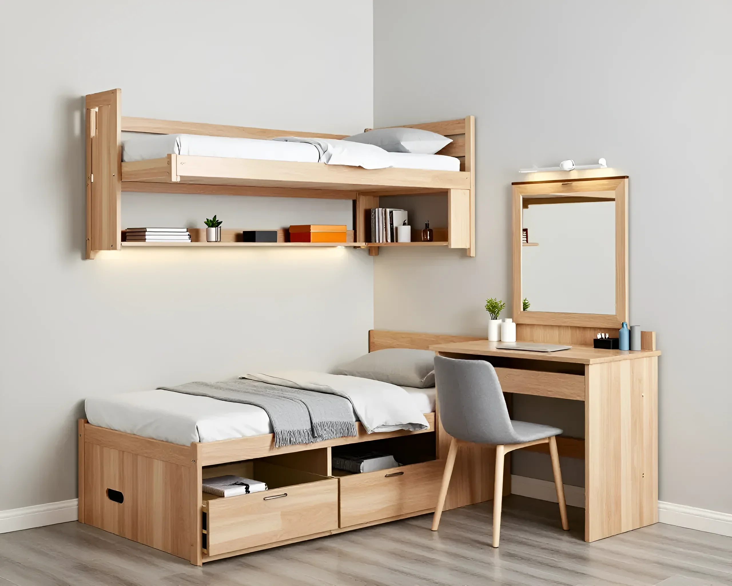Compact wooden bedroom system with a bunk bed, built-in shelves and drawers, complemented by a desk and mirror.