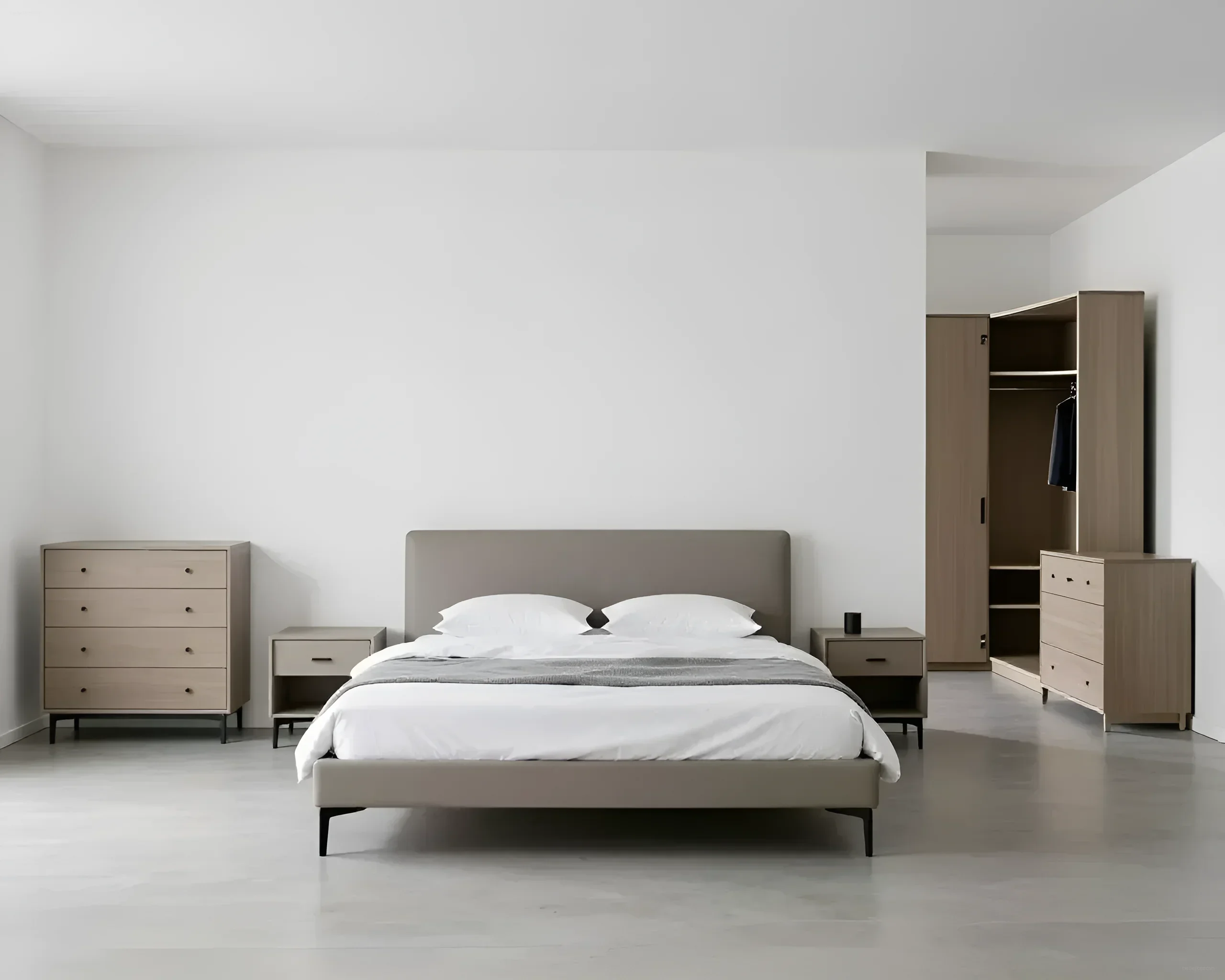Modern bedroom with a bed, bedside tables, dresser, and wardrobe in minimalist style.