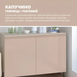 Распашной комод Flex 1200 мм из МДФ цвета капучино, с глянцевыми дверцами и светлой столешницей. Идеален для обуви, современный дизайн.