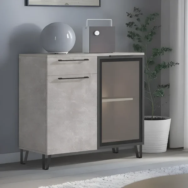 Graue Kommode Flex 80 cm Spanplatte Front Hellbeton im Wohnzimmer