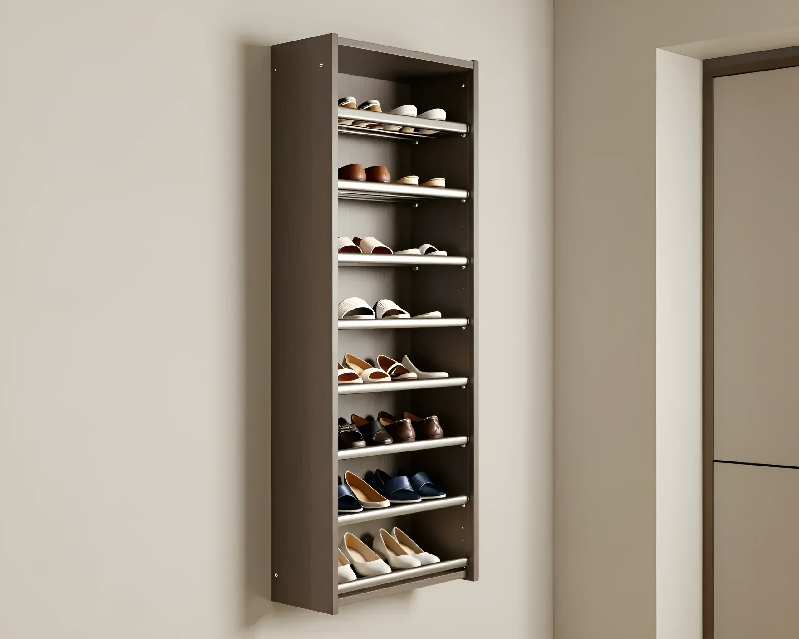 Schmaler vertikaler Schuhschrank, an der Wand befestigt, mit vielen Regalen, gefüllt mit Schuhen.
