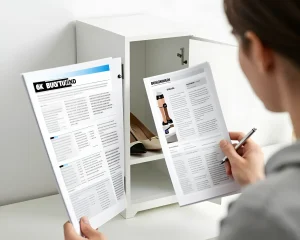 Женщина изучает документы рядом с белым шкафом-обувницей в узком коридоре.