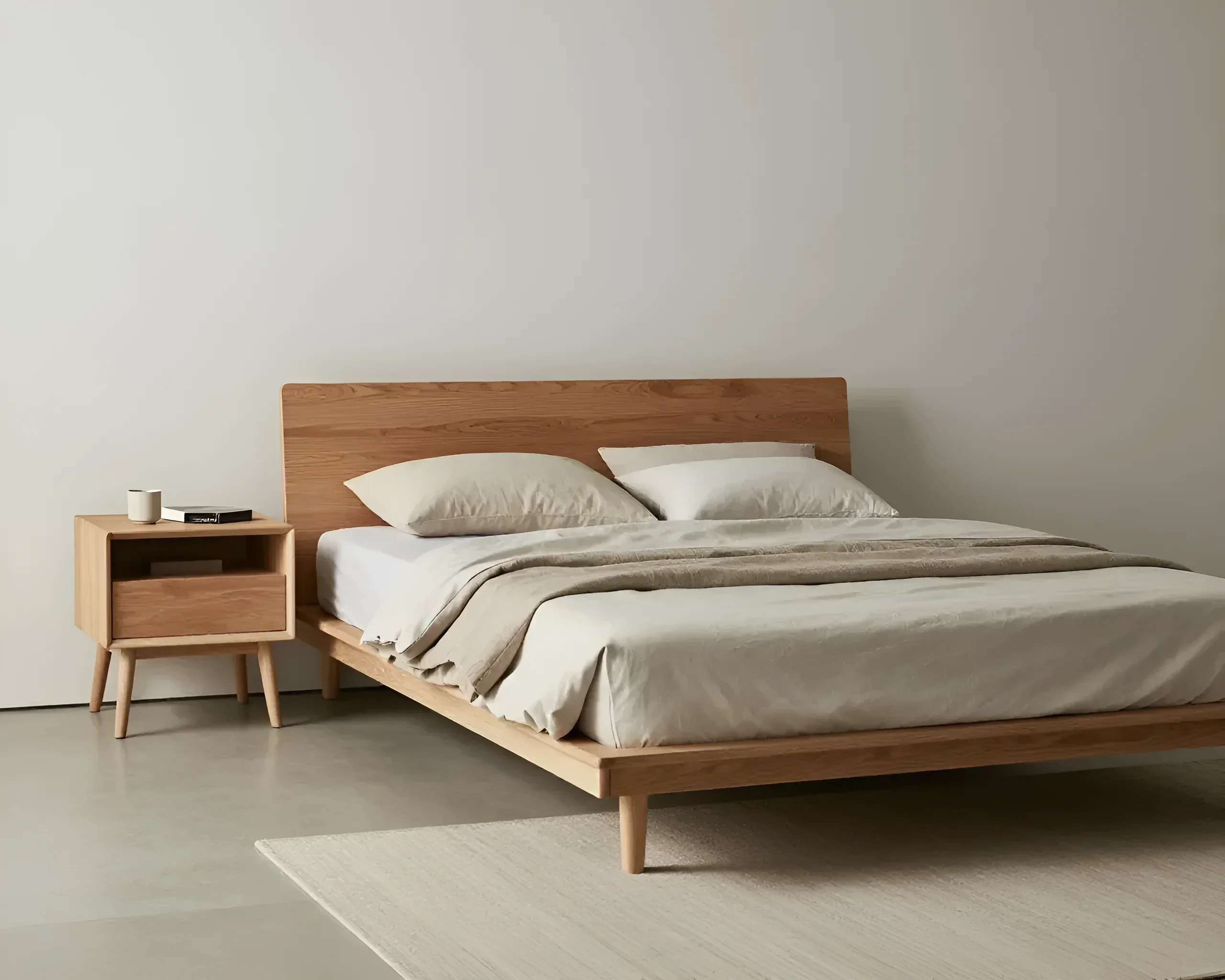 Minimalistisches Holz-Bett mit Nachttisch im Japandi-Stil, das eine Atmosphäre von Gemütlichkeit und Ruhe schafft.