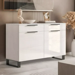 Современная тумба-пенал Flex 1200 мм ДСП Дуб беленый для обуви. Белый комод с двумя ящиками, дверцами, черными ручками и металлическими ножками.