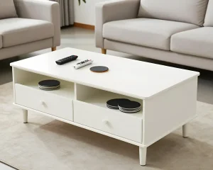 Белый журнальный столик с двумя выдвижными ящиками и открытыми нишами, декорированный пультами и подставками