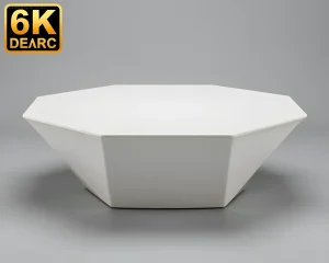 Белый журнальный столик с граненой формой, напоминающей многогранник, на нейтральном сером фоне