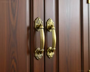 Крупный план двухстворчатой двери деревянного шкафа с изящными латунными ручками в классическом стиле.