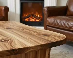 Кофейный столик из натурального дерева с выразительной текстурой на фоне камина и кожаного кресла