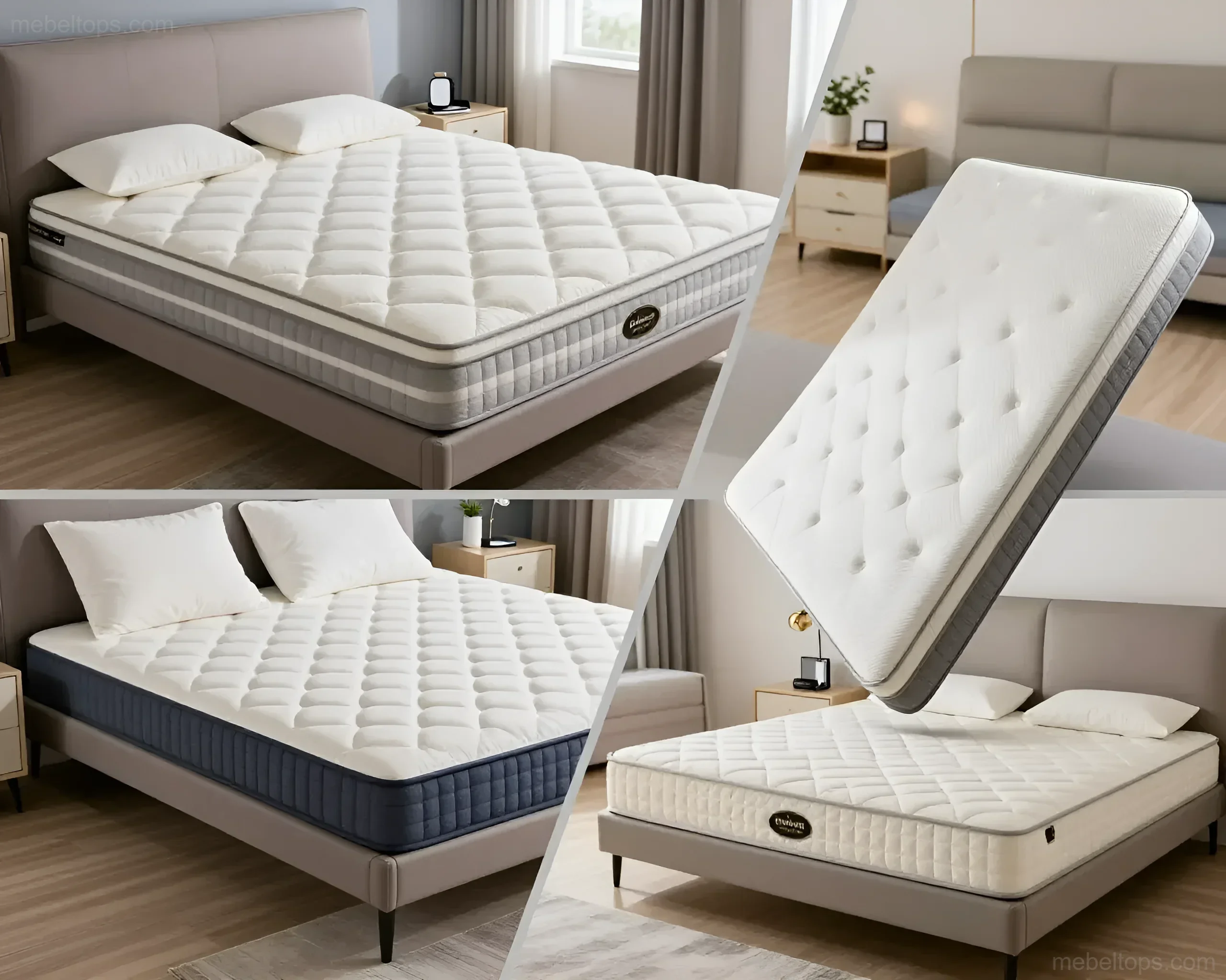 Collage of mattresses of different designs, showcasing their texture and depth, on beds in bedrooms.