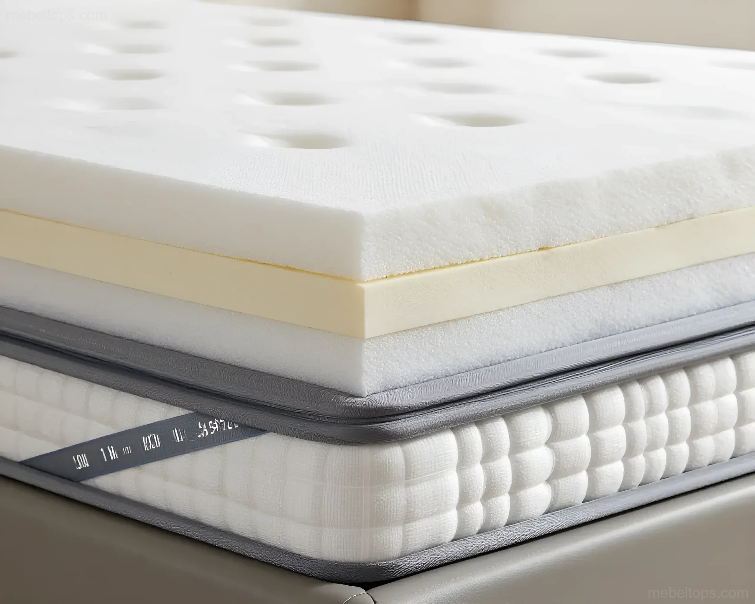 Detailed view of modern mattress layers: memory foam, support layer, and an independent spring base.