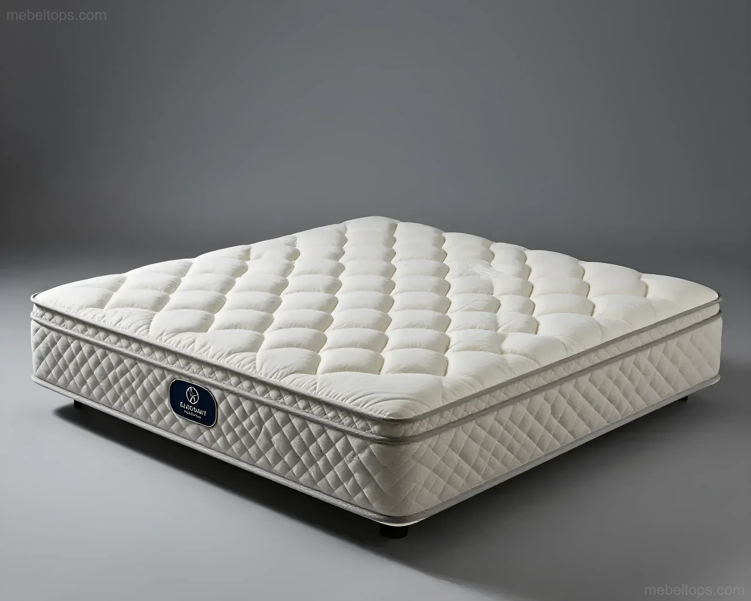 White mattress with voluminous quilting and side trim on a gray background