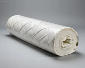Белый матрас, свернутый в рулон, на сером фоне