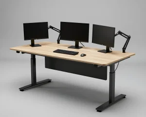 Современный регулируемый по высоте офисный стол с тремя мониторами, клавиатурой и мышью.