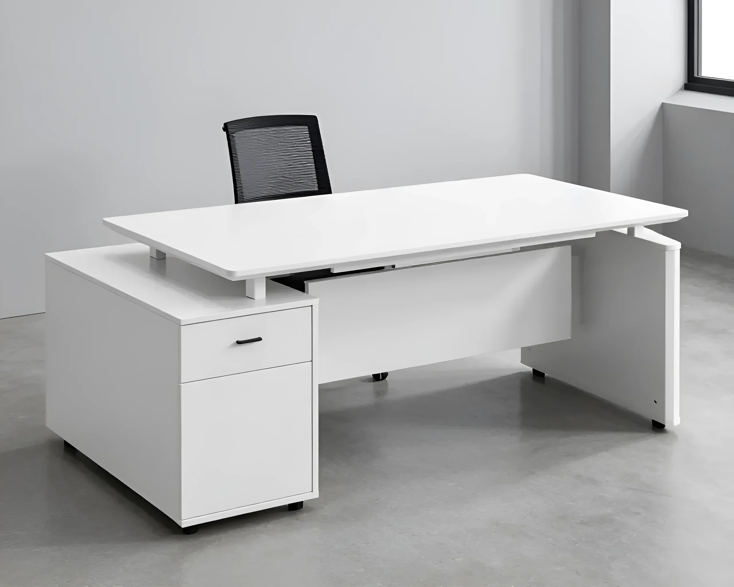 Elegant white office desk with drawers and a tabletop, located in a bright room