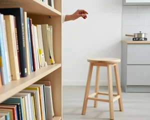 Натуральный деревянный табурет с круглым сиденьем и четырьмя ножками, стоящий на кухне рядом с книжным шкафом.